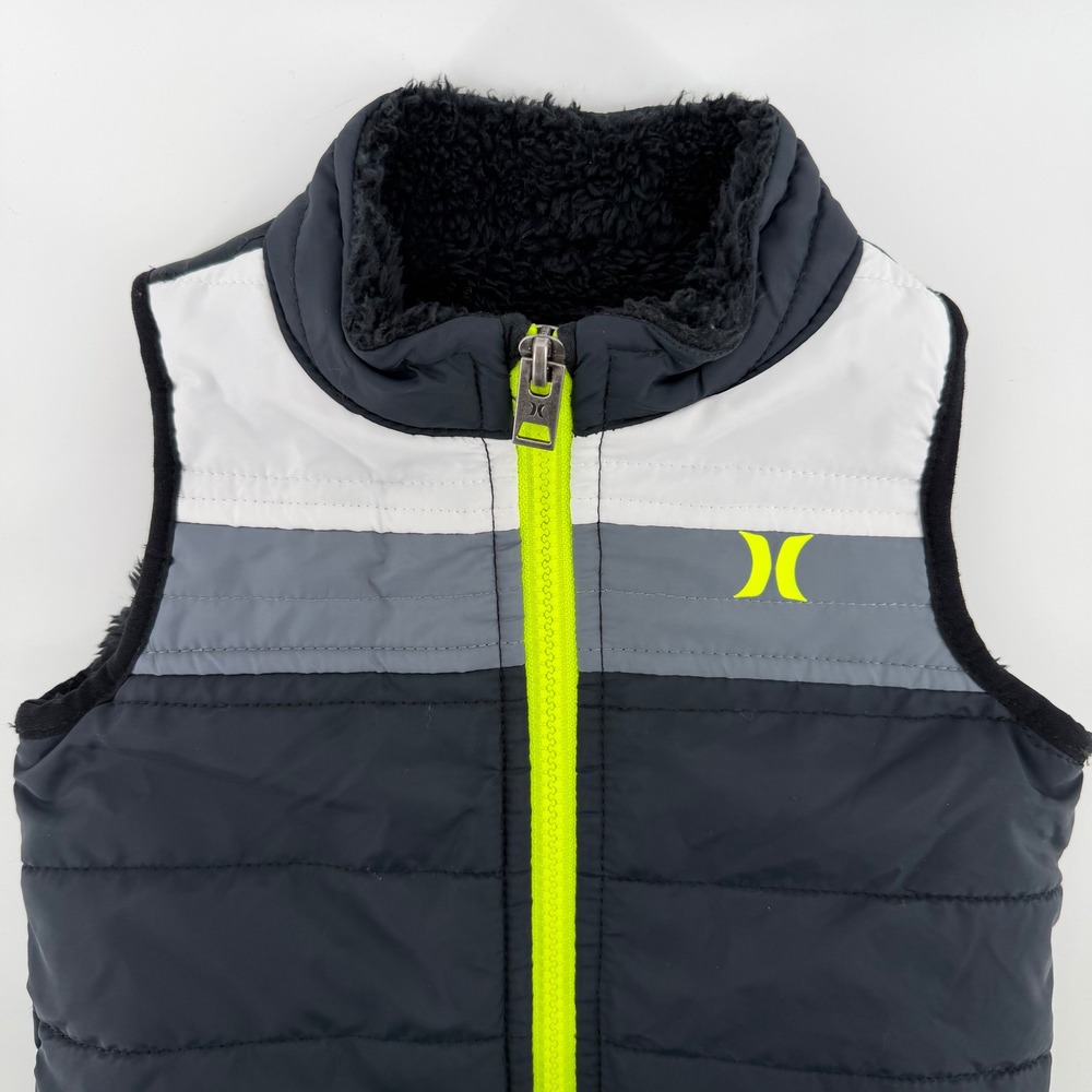 Hurley Puffer Vest Boys 12M Black Neon Yellow Logo Sherpa Lined Zip Up